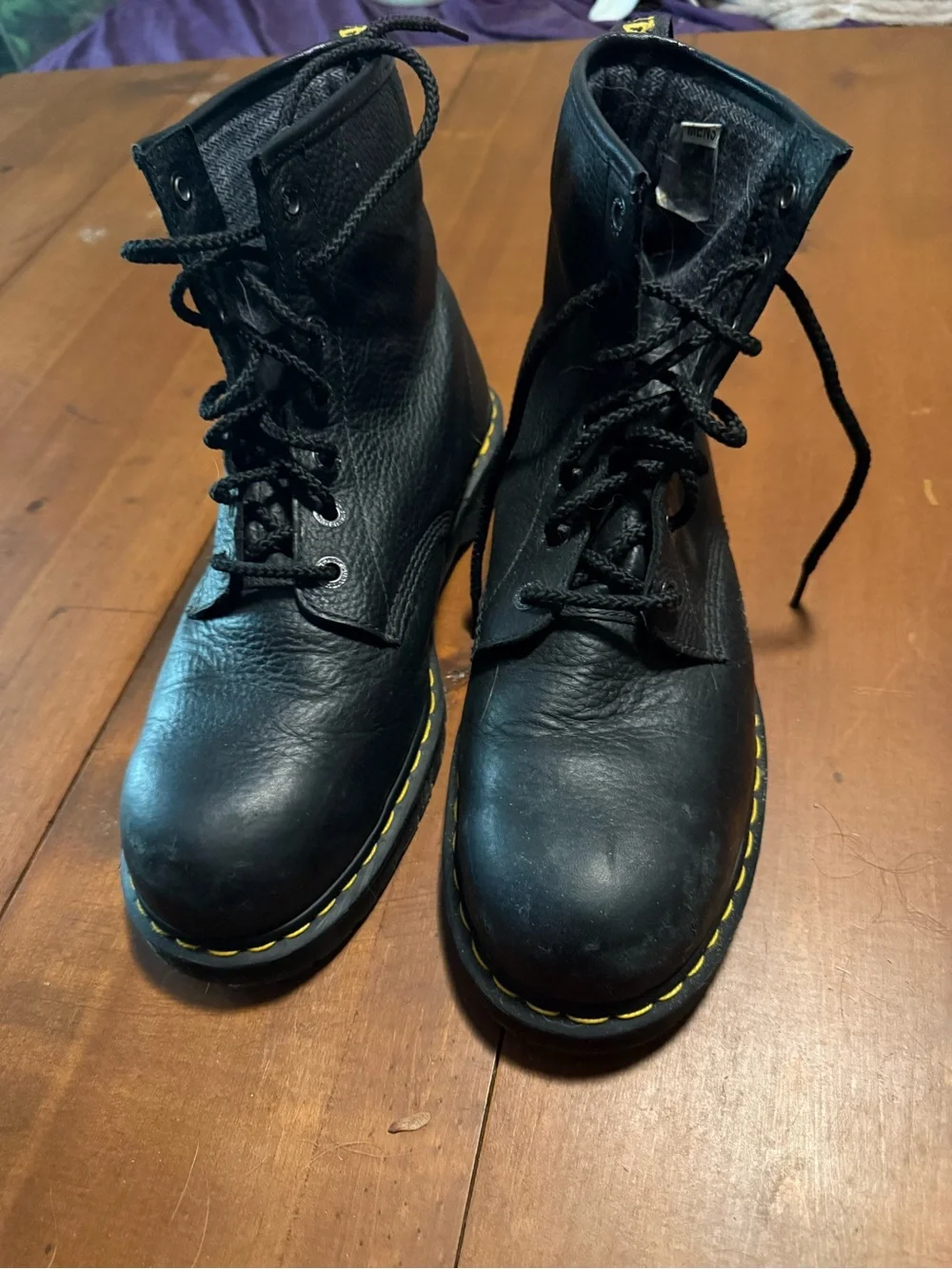 Dr. Martens Black Leather Lace-Up Boots with Yellow Stitching